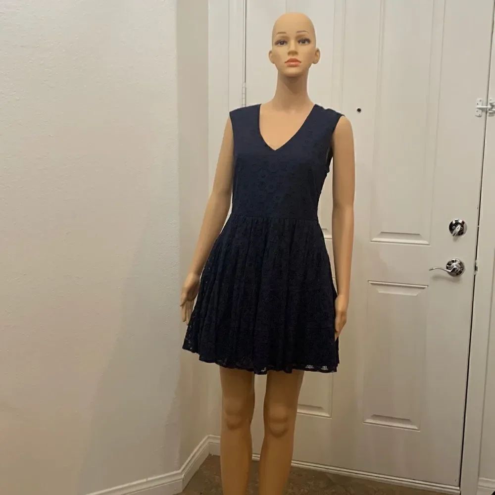 Zara Basic Dress Size Medium Navy Blue Lace V Neck Short Sleeve Ruffled Mini
